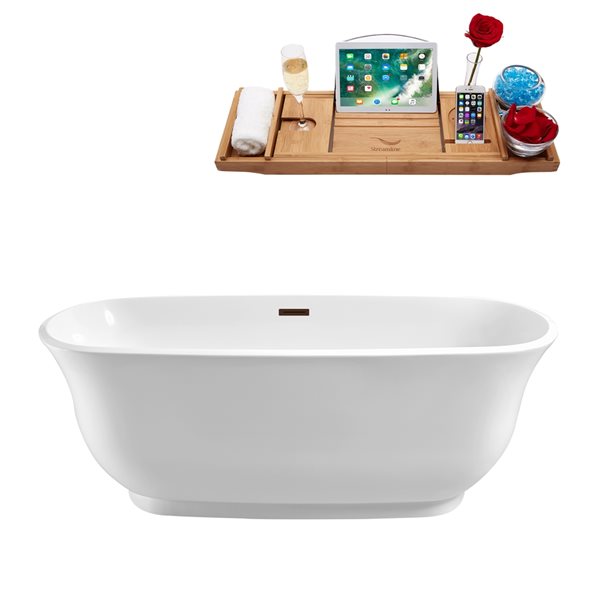 Streamline 31W x 67L Glossy White Acrylic Bathtub and a Matte Oil Rubbed Bronze Center Drain with Tray