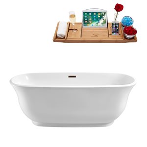 Baignoire en acrylique blanc lustré Streamline de 31 po x 67 po avec drain centré bronze huilé mat et plateau