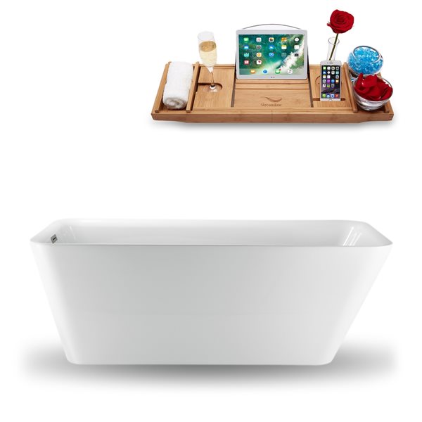 Streamline 31W x 67L Glossy White Acrylic Bathtub and a Brushed Nickel Reversible Drain with Tray