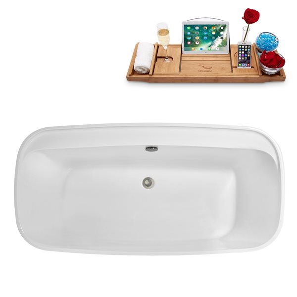 Baignoire en acrylique blanc lustré Streamline de 30 po x 59 po avec drain centré nickel brossé et plateau