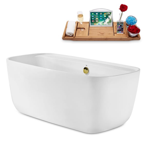 Streamline 30W x 59L Glossy White Acrylic Bathtub and a Polished Gold Center Drain with Tray