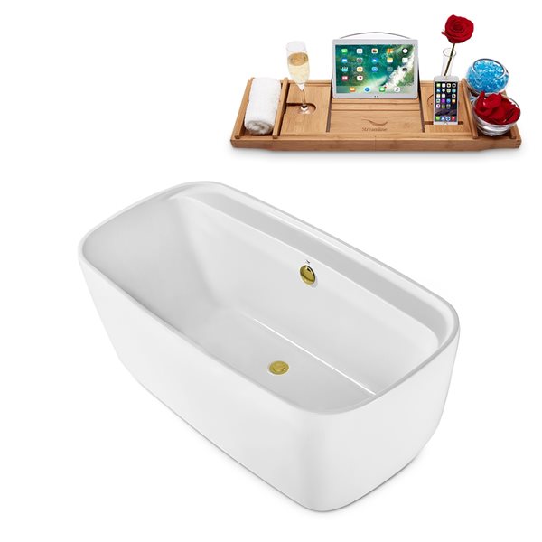 Streamline 30W x 59L Glossy White Acrylic Bathtub and a Polished Gold Center Drain with Tray