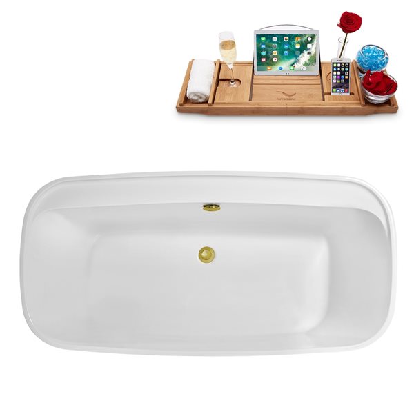 Streamline 30W x 59L Glossy White Acrylic Bathtub and a Polished Gold Center Drain with Tray