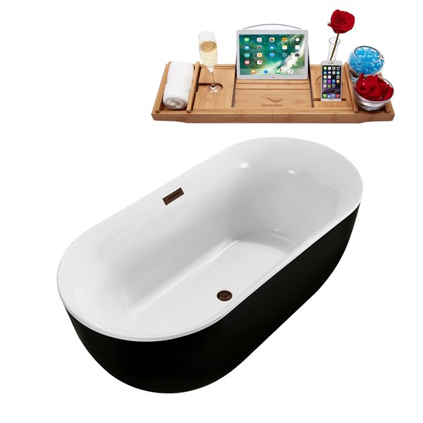 Baignoire en acrylique noir lustré Streamline de 31 po x 67 po avec drain centré bronze huilé mat et plateau