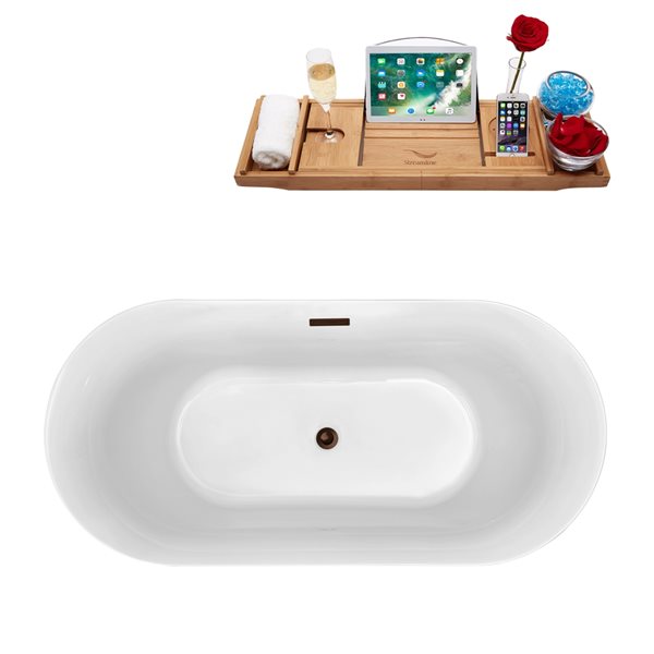 Baignoire en acrylique noir lustré Streamline de 31 po x 67 po avec drain centré bronze huilé mat et plateau