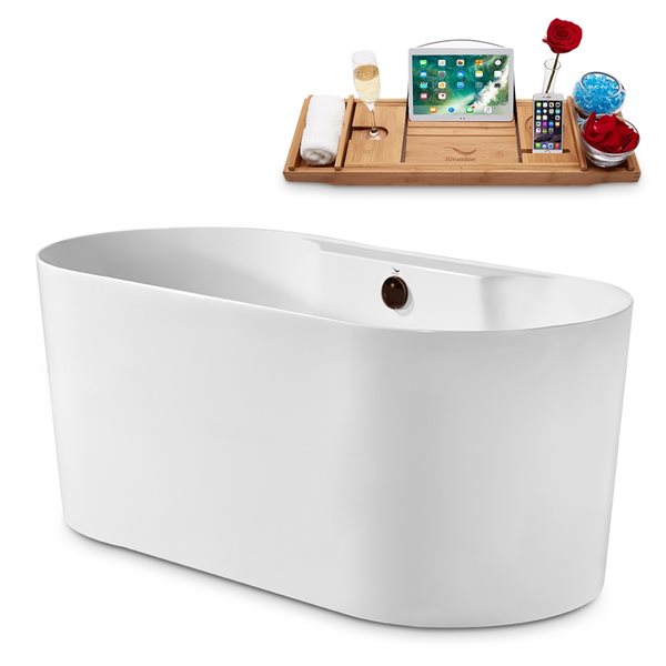 Streamline 28W x 59L Glossy White Acrylic Bathtub and a Matte Oil Rubbed Bronze Center Drain with Tray