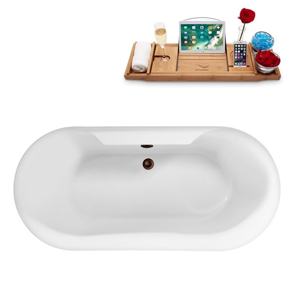 Streamline 28W x 59L Glossy White Acrylic Bathtub and a Matte Oil Rubbed Bronze Center Drain with Tray