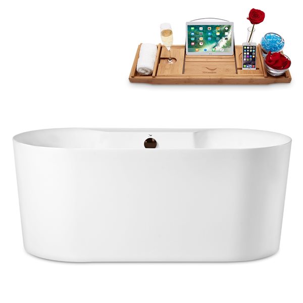 Streamline 28W x 59L Glossy White Acrylic Bathtub and a Matte Oil Rubbed Bronze Center Drain with Tray