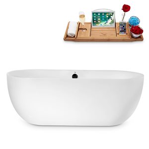 Streamline 30W x 67L Glossy White Acrylic Bathtub and a Matte Black Center Drain with Tray