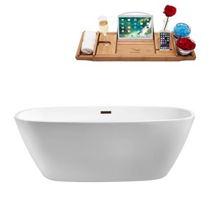 Baignoire en acrylique blanc lustré Streamline de 31 po x 67 po avec drain centré bronze huilé mat et plateau