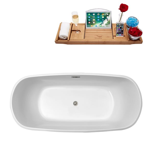 Baignoire en acrylique blanc lustré Streamline de 31 po x 67 po avec drain centré nickel brossé et plateau