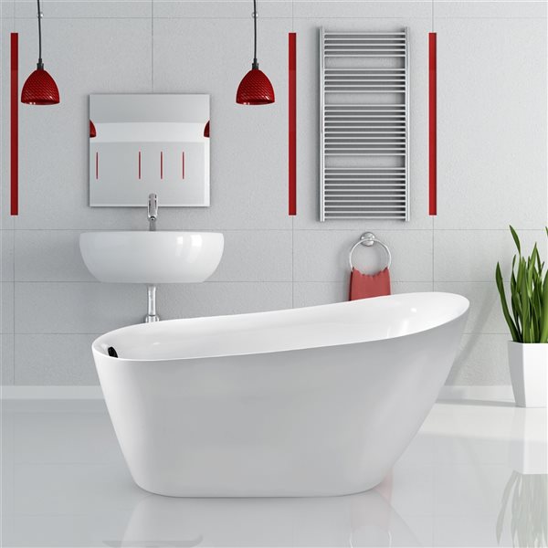 Streamline 28W x 59L Glossy White Acrylic Bathtub and a Matte Black Reversible Drain with Tray