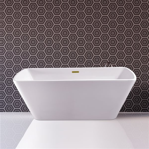 Streamline 31W x 67L Glossy White Acrylic Bathtub and a Polished Gold Center Drain with Tray