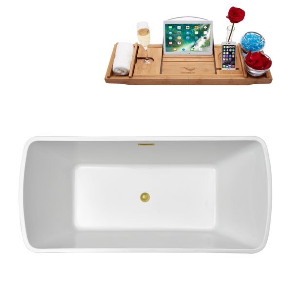 Streamline 31W x 67L Glossy White Acrylic Bathtub and a Polished Gold Center Drain with Tray