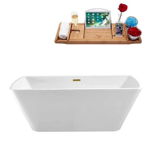 Streamline 31W x 67L Glossy White Acrylic Bathtub and a Polished Gold Center Drain with Tray