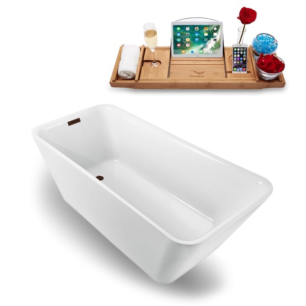 Baignoire en acrylique blanc lustré Streamline de 31 po x 67 po avec drain réversible bronze huilé mat et plateau