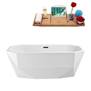 Streamline 28W x 59L Glossy White Acrylic Bathtub and a Matte Black Center Drain with Tray