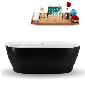 Streamline 32W x 67L Glossy Black Acrylic Bathtub and a Glossy White Center Drain with Tray