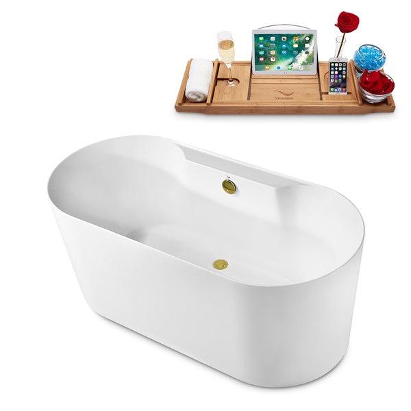 Streamline 28W x 59L Glossy White Acrylic Bathtub and a Polished Gold Center Drain with Tray