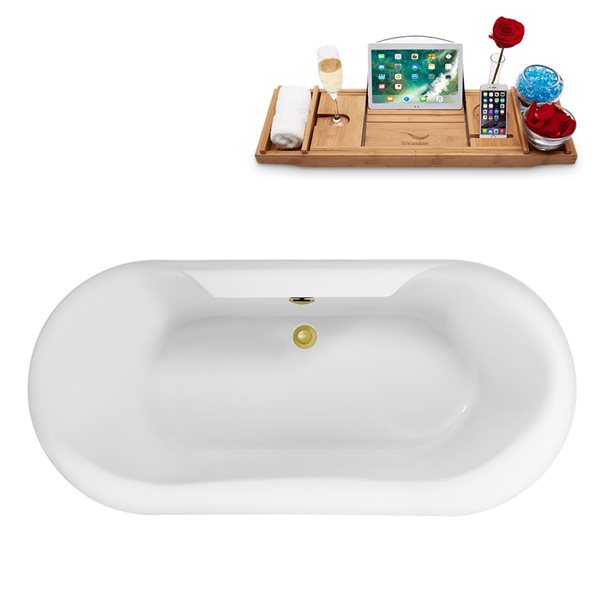 Streamline 28W x 59L Glossy White Acrylic Bathtub and a Polished Gold Center Drain with Tray