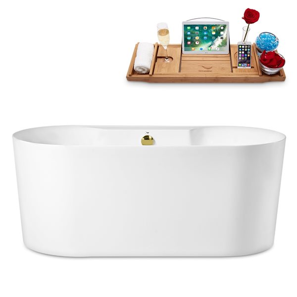 Streamline 28W x 59L Glossy White Acrylic Bathtub and a Polished Gold Center Drain with Tray
