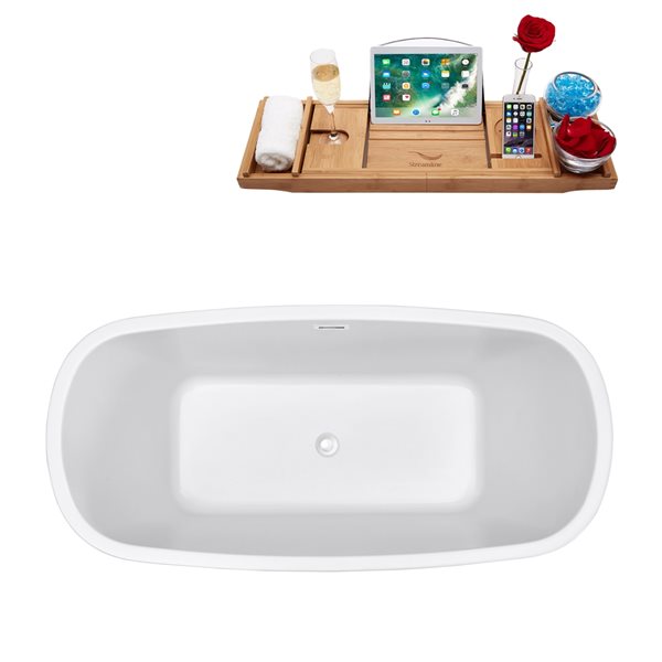 Streamline 28W x 59L Glossy White Acrylic Bathtub and a Glossy White Center Drain with Tray