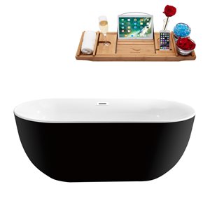 Streamline 31W x 67L Glossy Black Acrylic Bathtub and a Glossy White Center Drain with Tray