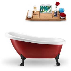 Streamline 28W x 61L Glossy Red Acrylic Clawfoot Bathtub with Matte Black Feet and Reversible Drain with Tray