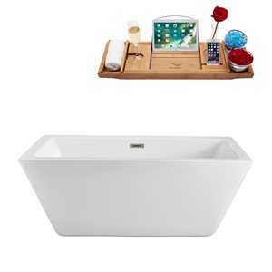 Baignoire en acrylique blanc lustré Streamline de 28 po x 60 po avec drain centré nickel brossé et plateau