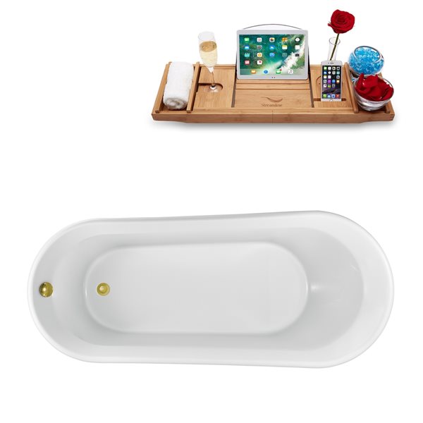 Streamline 30W x 69L Glossy White Acrylic Bathtub and a Polished Gold Reversible Drain with Tray