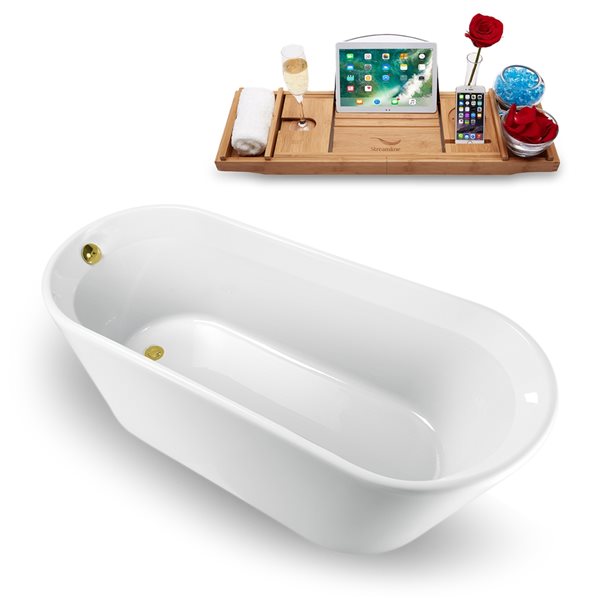 Streamline 30W x 69L Glossy White Acrylic Bathtub and a Polished Gold Reversible Drain with Tray