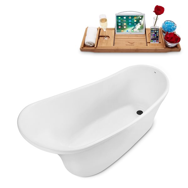 Baignoire en acrylique blanc lustré Streamline de 27 po x 55 po avec drain réversible noir mat et plateau