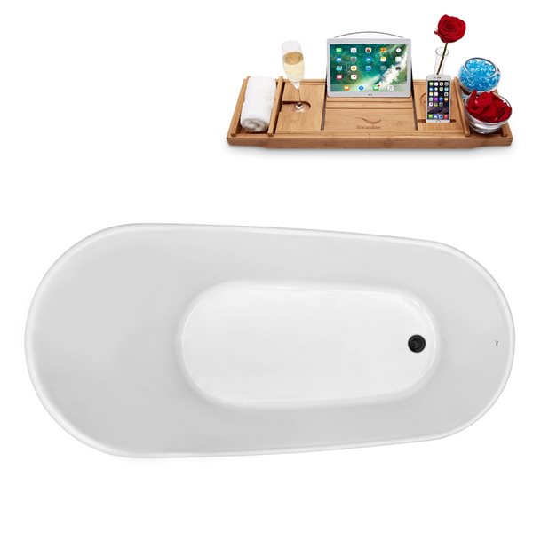 Baignoire en acrylique blanc lustré Streamline de 27 po x 55 po avec drain réversible noir mat et plateau