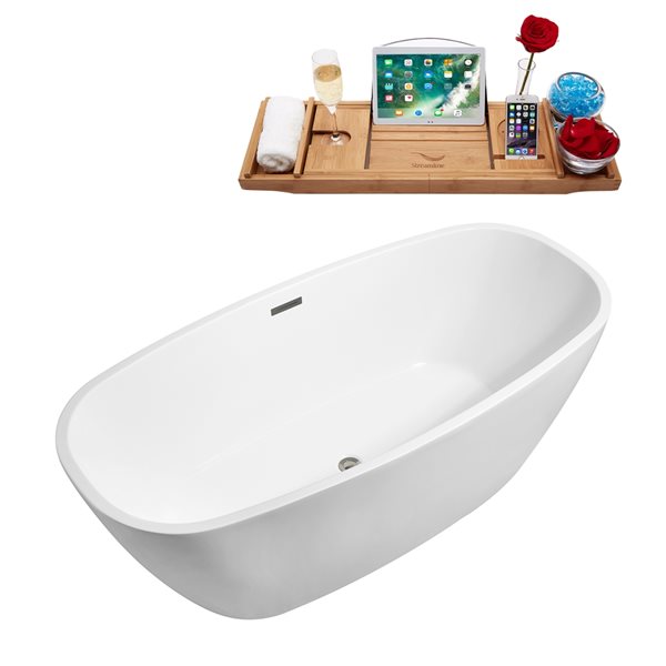 Baignoire en acrylique blanc lustré Streamline de 28 po x 59 po avec drain centré nickel brossé et plateau