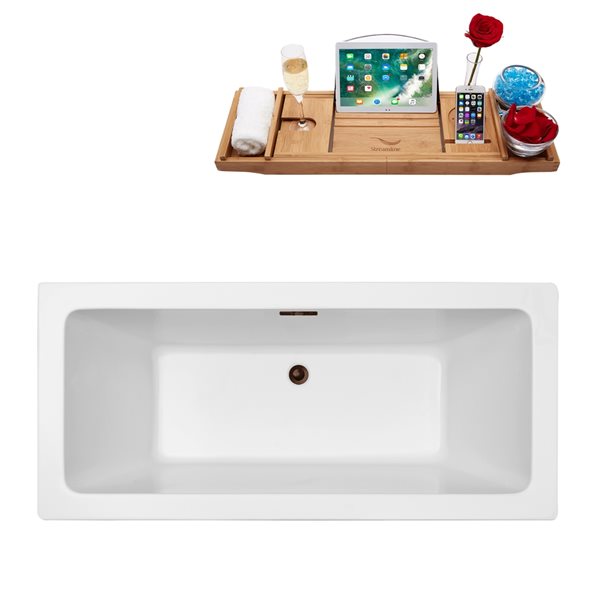 Baignoire en acrylique blanc lustré Streamline de 28 po x 60 po avec drain centré bronze huilé mat et plateau