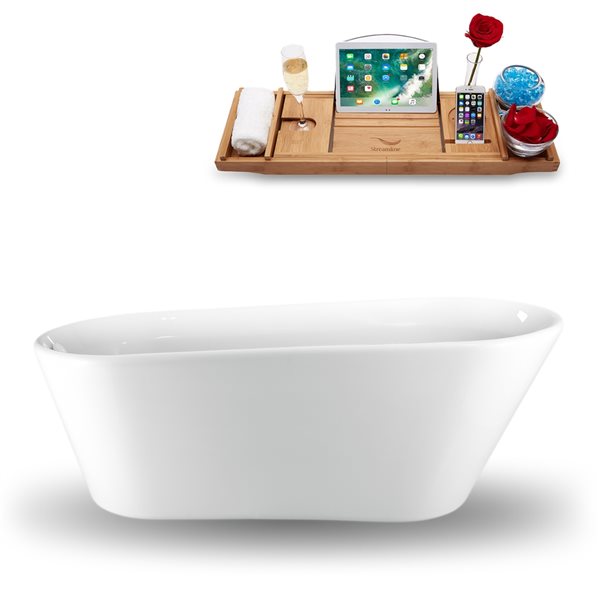 Streamline 30W x 65L Glossy White Acrylic Bathtub and a Glossy White Reversible Drain with Tray