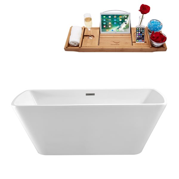 Streamline 28W x 59L Glossy White Acrylic Bathtub and a Brushed Nickel Center Drain with Tray