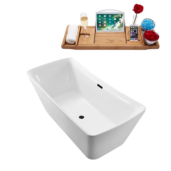 Streamline 31W x 70L Glossy White Acrylic Bathtub and a Matte Black Center Drain with Tray