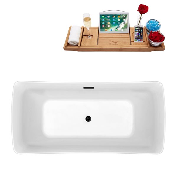Streamline 31W x 70L Glossy White Acrylic Bathtub and a Matte Black Center Drain with Tray