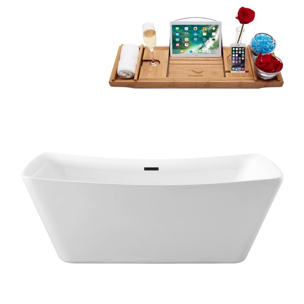Streamline 31W x 70L Glossy White Acrylic Bathtub and a Matte Black Center Drain with Tray