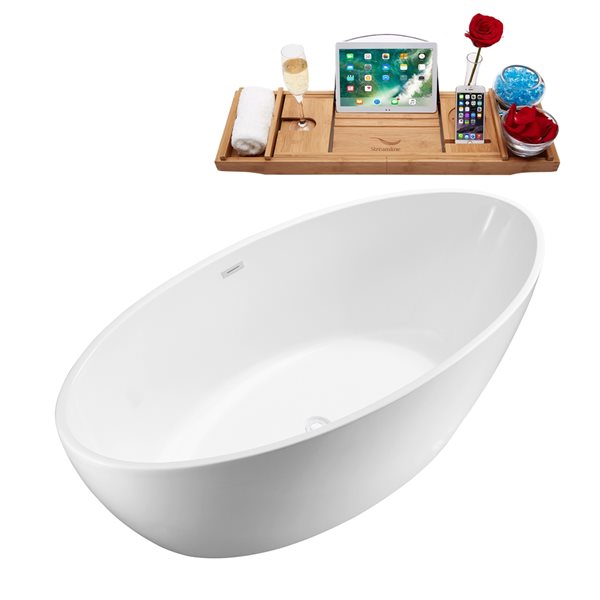 Baignoire en acrylique blanc lustré Streamline de 32 po x 63 po avec drain centré blanc lustré et plateau