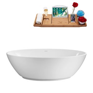 Streamline 32W x 63L Glossy White Acrylic Bathtub and a Glossy White Center Drain with Tray