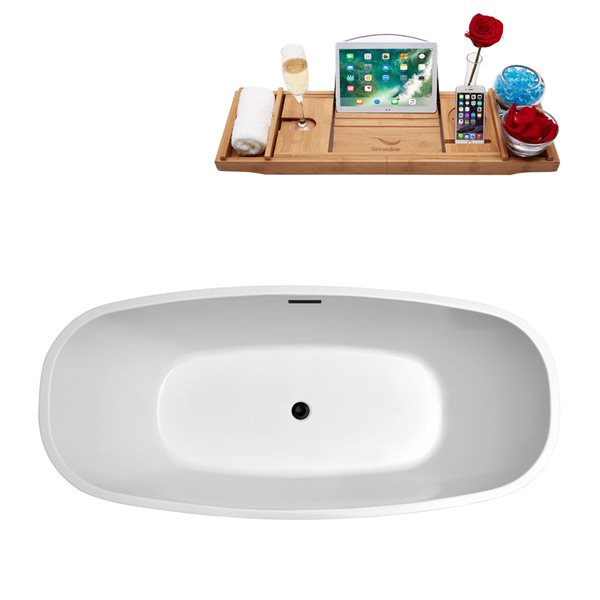 Streamline 28W x 59L Glossy White Acrylic Bathtub and a Matte Black Center Drain with Tray