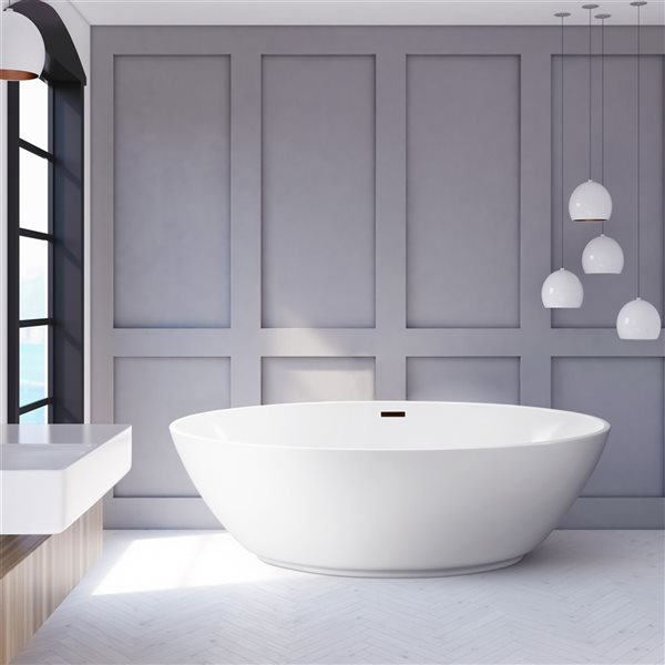 Streamline 32W x 63L Glossy White Acrylic Bathtub and a Matte Oil Rubbed Bronze Center Drain with Tray