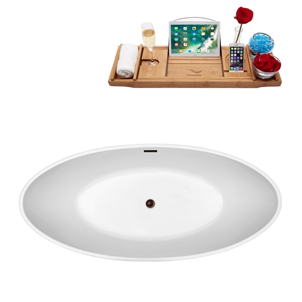 Streamline 32W x 63L Glossy White Acrylic Bathtub and a Matte Oil Rubbed Bronze Center Drain with Tray