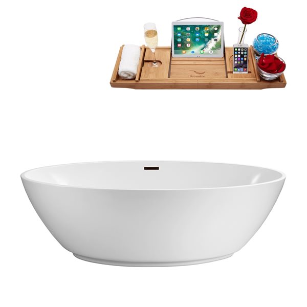 Streamline 32W x 63L Glossy White Acrylic Bathtub and a Matte Oil Rubbed Bronze Center Drain with Tray