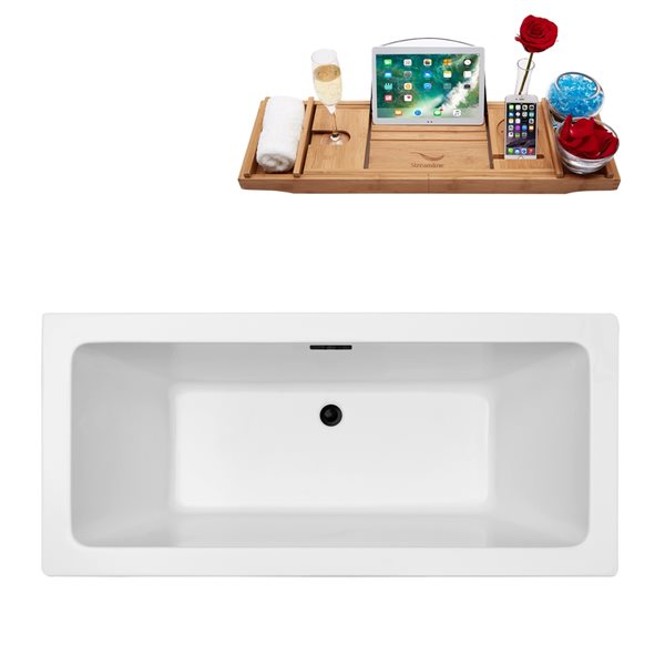 Streamline 28W x 60L Glossy White Acrylic Bathtub and a Matte Black Center Drain with Tray