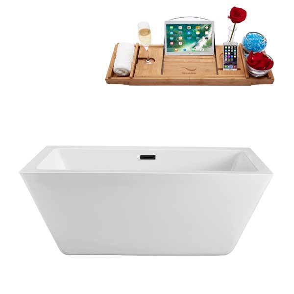 Streamline 28W x 60L Glossy White Acrylic Bathtub and a Matte Black Center Drain with Tray