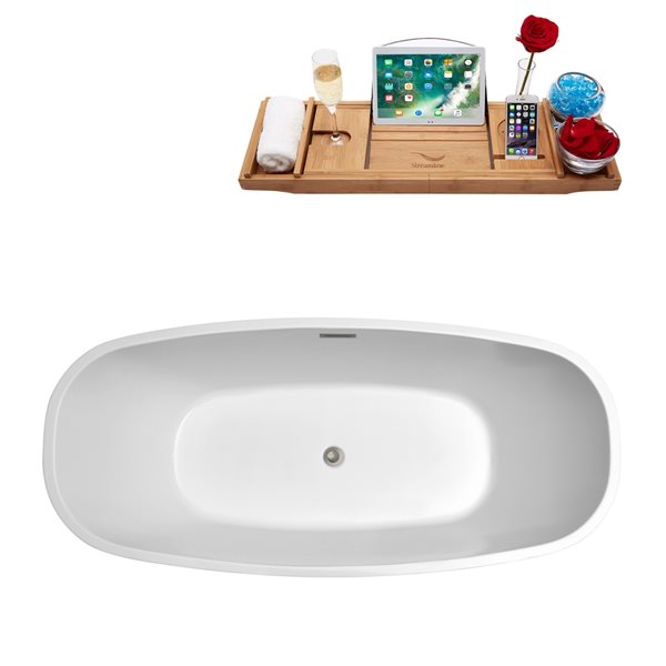 Streamline 31W x 67L Glossy White Acrylic Bathtub and a Brushed Nickel Center Drain with Tray