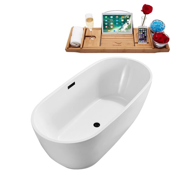 Streamline 28W x 59L Glossy White Acrylic Bathtub and a Matte Black Center Drain with Tray